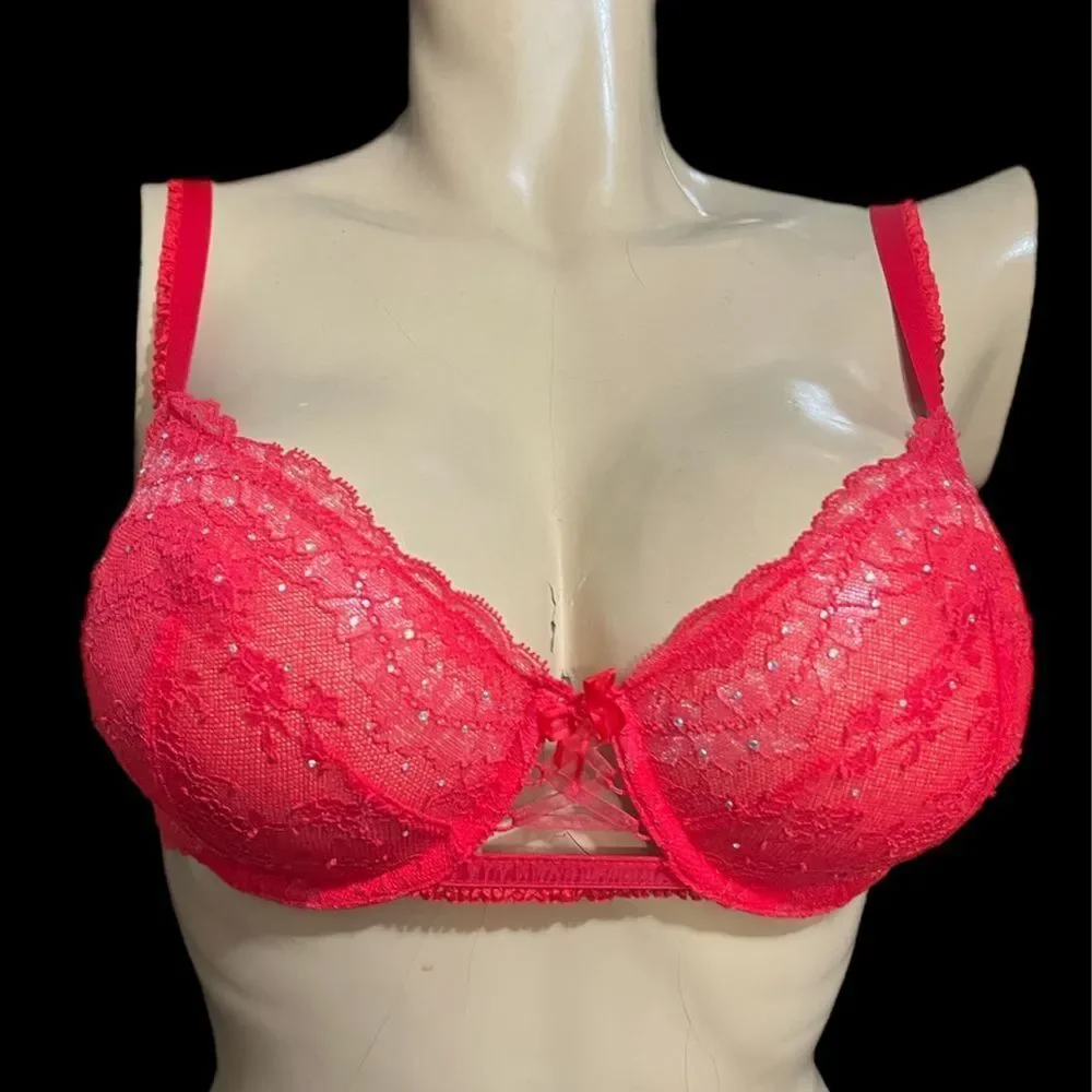 Victorias Secret Designer Collection Rhinestone Embellished Unlined Demi Bra Red